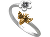 Gemshine ring with BEE and FLOWER in 925 silver, gold plated or rose - Made in Spain - Size adjustable - Quality, Fair Trade Jewelry, Color:Silver