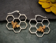 Gemshine earrings BEEN and HONEYCOMB HOOPS in 925 silver or high quality gold plated. Sustainable, Fair Trade, Ethical - Made in Spain, Color:Silver