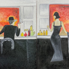 Set of Lady / Gentleman in Bar Original Oil Color Painting