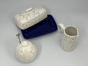 Butter Dish, Sugar Bowl, Milk Jug Set Speckled Blue Glaze - Anthro-Pop