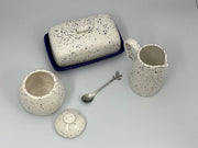 Butter Dish, Sugar Bowl, Milk Jug Set Speckled Blue Glaze - Anthro-Pop