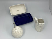 Butter Dish, Sugar Bowl, Milk Jug Set Speckled Blue Glaze - Anthro-Pop