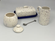 Butter Dish, Sugar Bowl, Milk Jug Set Speckled Blue Glaze - Anthro-Pop