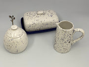 Butter Dish, Sugar Bowl, Milk Jug Set Speckled Blue Glaze - Anthro-Pop