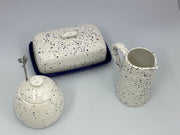 Butter Dish, Sugar Bowl, Milk Jug Set Speckled Blue Glaze - Anthro-Pop