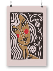 Girl And Flowers Linocut Art Wrapped Canvas -Image by Shutterstock - Anthro-Pop